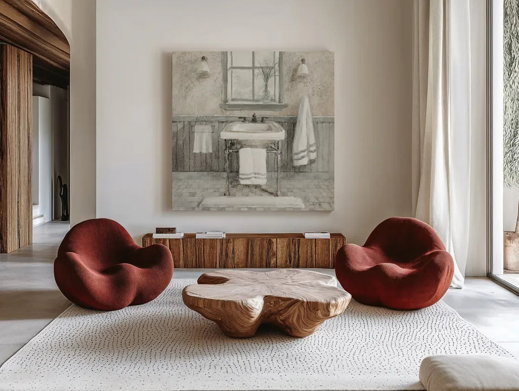 Victorian Sink I Neutral by Danhui Nai. Shown as extra-large giant wall art in a modern living room. Available as an archival giclee rolled canvas, fine art paper, or poster print. SKU 88748a.