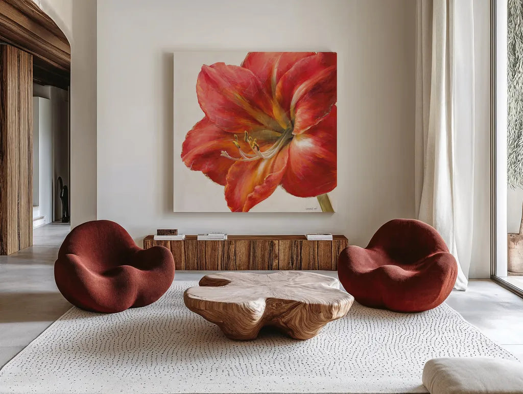 Vivid Amaryllis by Danhui Nai. Shown as extra-large giant wall art in a modern living room. Available as an archival giclee rolled canvas, fine art paper, or poster print. SKU 2586a.