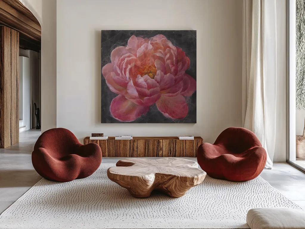 Vivid Floral I by Danhui Nai. Shown as extra-large giant wall art in a modern living room. Available as an archival giclee rolled canvas, fine art paper, or poster print. SKU 4747a.
