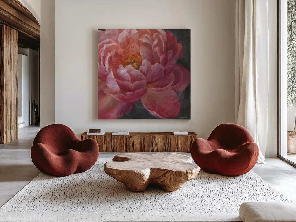 Vivid Floral I Crop by Danhui Nai. Shown as extra-large giant wall art in a modern living room. Available as an archival giclee rolled canvas, fine art paper, or poster print. SKU 4947a.