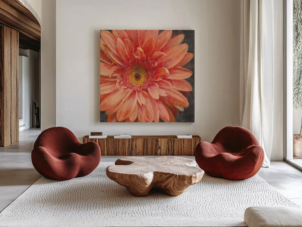 Vivid Floral II Crop by Danhui Nai. Shown as extra-large giant wall art in a modern living room. Available as an archival giclee rolled canvas, fine art paper, or poster print. SKU 27968a.