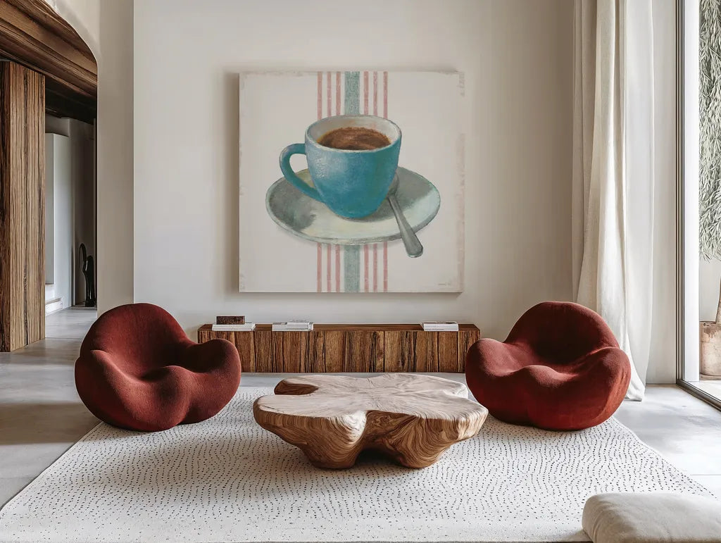 Wake Me Up Coffee IV Blue with Stripes No Cookie by Danhui Nai. Shown as extra-large giant wall art in a modern living room. Available as an archival giclee rolled canvas, fine art paper, or poster print. SKU 61305a.