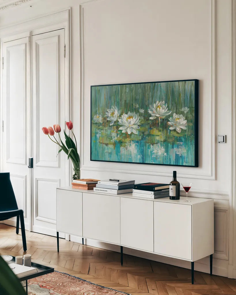 Water Lily Pond v2 Crop by Danhui Nai. shown as a framed stretched canvas in a living room above a console. Available as a archival giclee rolled canvas, fine art paper, or poster print. SKU 29069i.
