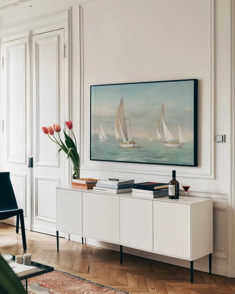 Weekend Sail v2 by Danhui Nai. shown as a framed stretched canvas in a living room above a console. Available as a archival giclee rolled canvas, fine art paper, or poster print. SKU 80619i.