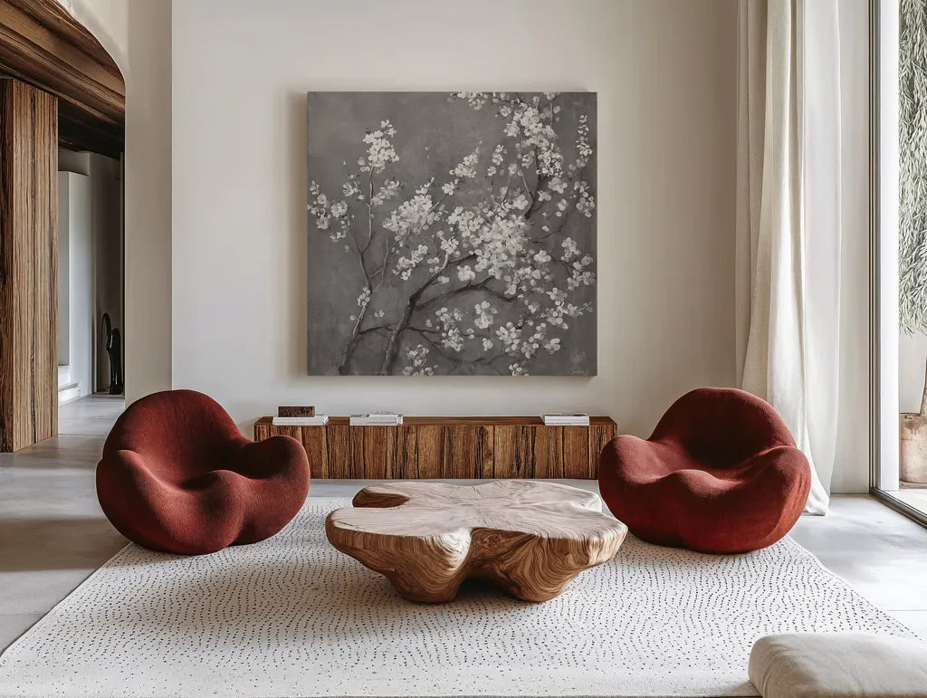 White Cherry Blossoms I on Grey Crop by Danhui Nai. Shown as extra-large giant wall art in a modern living room. Available as an archival giclee rolled canvas, fine art paper, or poster print. SKU 30776a.