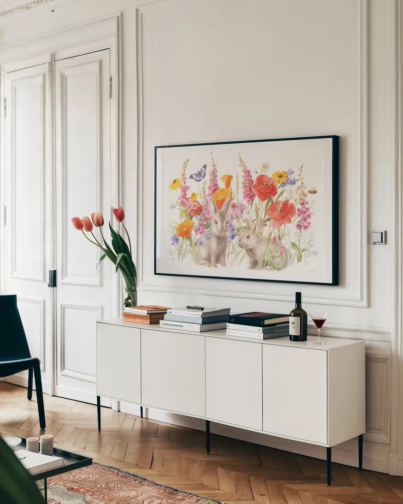 Wildflowers in Bloom I Bunny by Danhui Nai. shown as a framed stretched canvas in a living room above a console. Available as a archival giclee rolled canvas, fine art paper, or poster print. SKU 72795i.