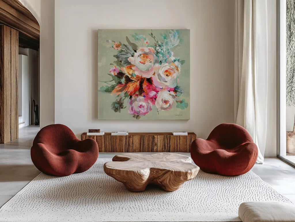Windblown Blooms I by Danhui Nai. Shown as extra-large giant wall art in a modern living room. Available as an archival giclee rolled canvas, fine art paper, or poster print. SKU 67554a.