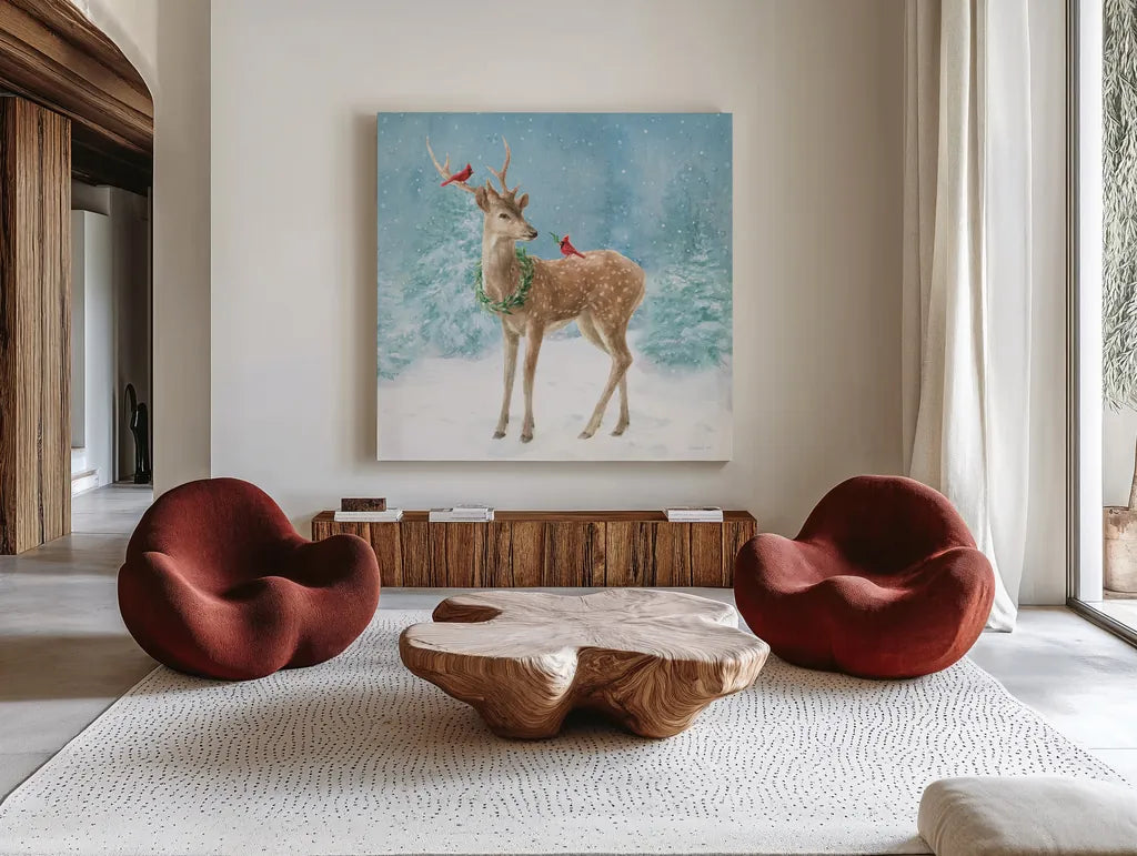 Woodland Celebration III by Danhui Nai. Shown as extra-large giant wall art in a modern living room. Available as an archival giclee rolled canvas, fine art paper, or poster print. SKU 54905a.