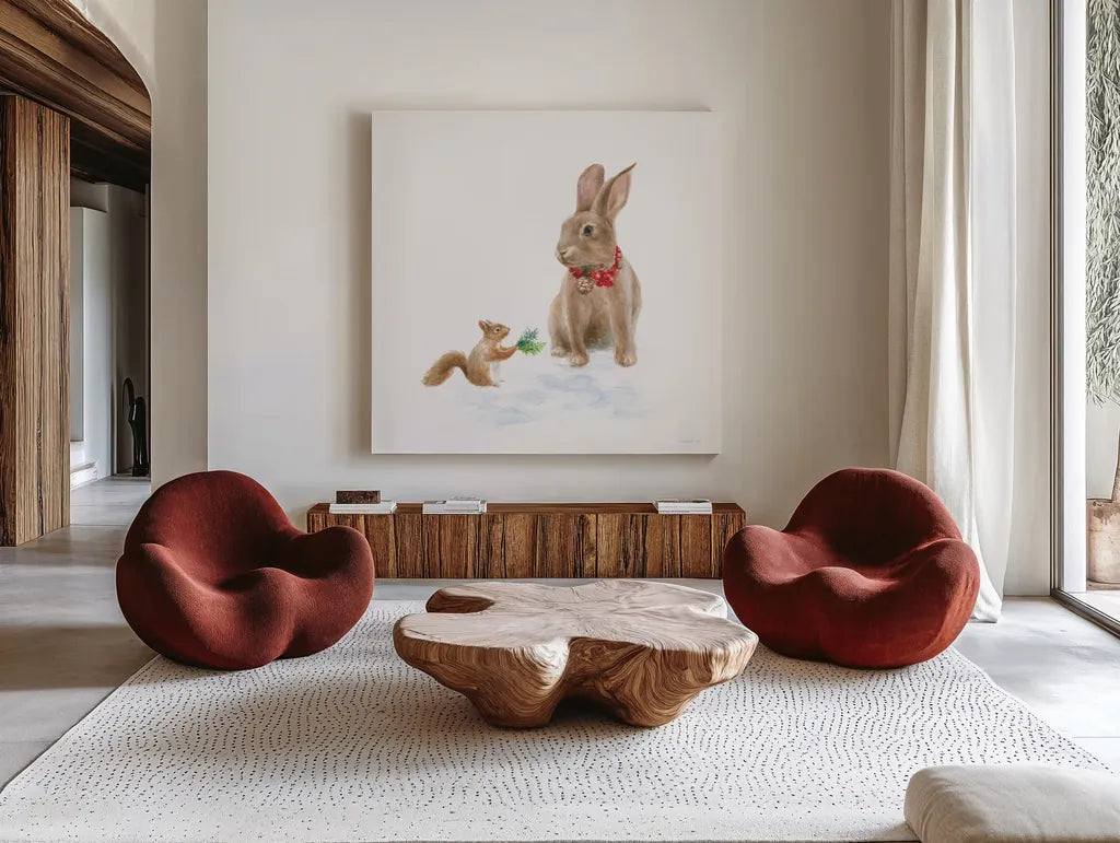 Woodland Celebration IV on White by Danhui Nai. Shown as extra-large giant wall art in a modern living room. Available as an archival giclee rolled canvas, fine art paper, or poster print. SKU 54912a.