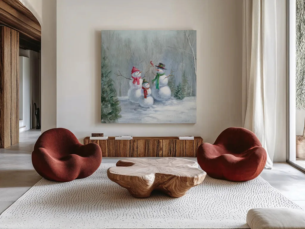 Woodland Holidays II by Danhui Nai. Shown as extra-large giant wall art in a modern living room. Available as an archival giclee rolled canvas, fine art paper, or poster print. SKU 38595a.