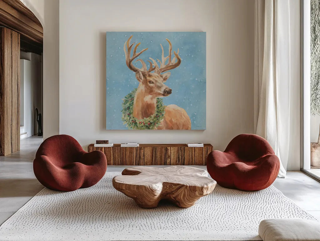 Woodland Holidays Stag Blue by Danhui Nai. Shown as extra-large giant wall art in a modern living room. Available as an archival giclee rolled canvas, fine art paper, or poster print. SKU 58282a.