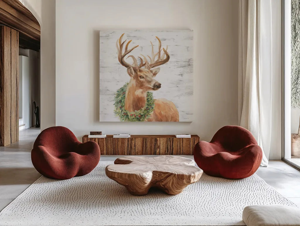 Woodland Holidays Stag Gray by Danhui Nai. Shown as extra-large giant wall art in a modern living room. Available as an archival giclee rolled canvas, fine art paper, or poster print. SKU 58283a.