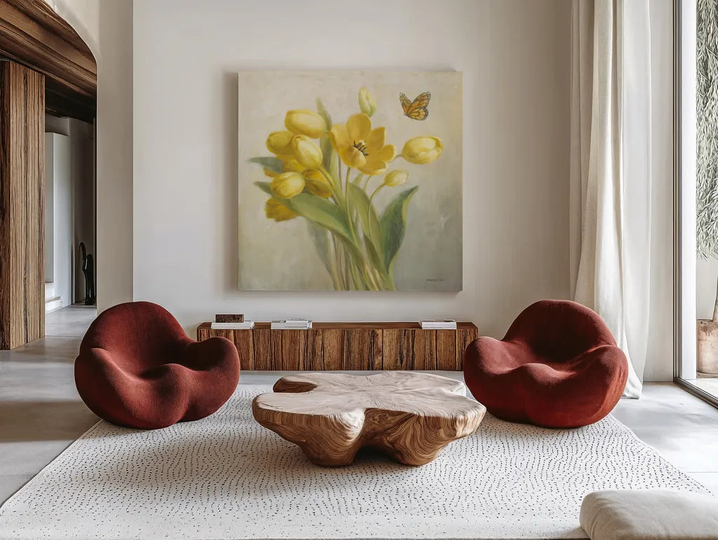Yellow French Tulips by Danhui Nai. Shown as extra-large giant wall art in a modern living room. Available as an archival giclee rolled canvas, fine art paper, or poster print. SKU 11450a.