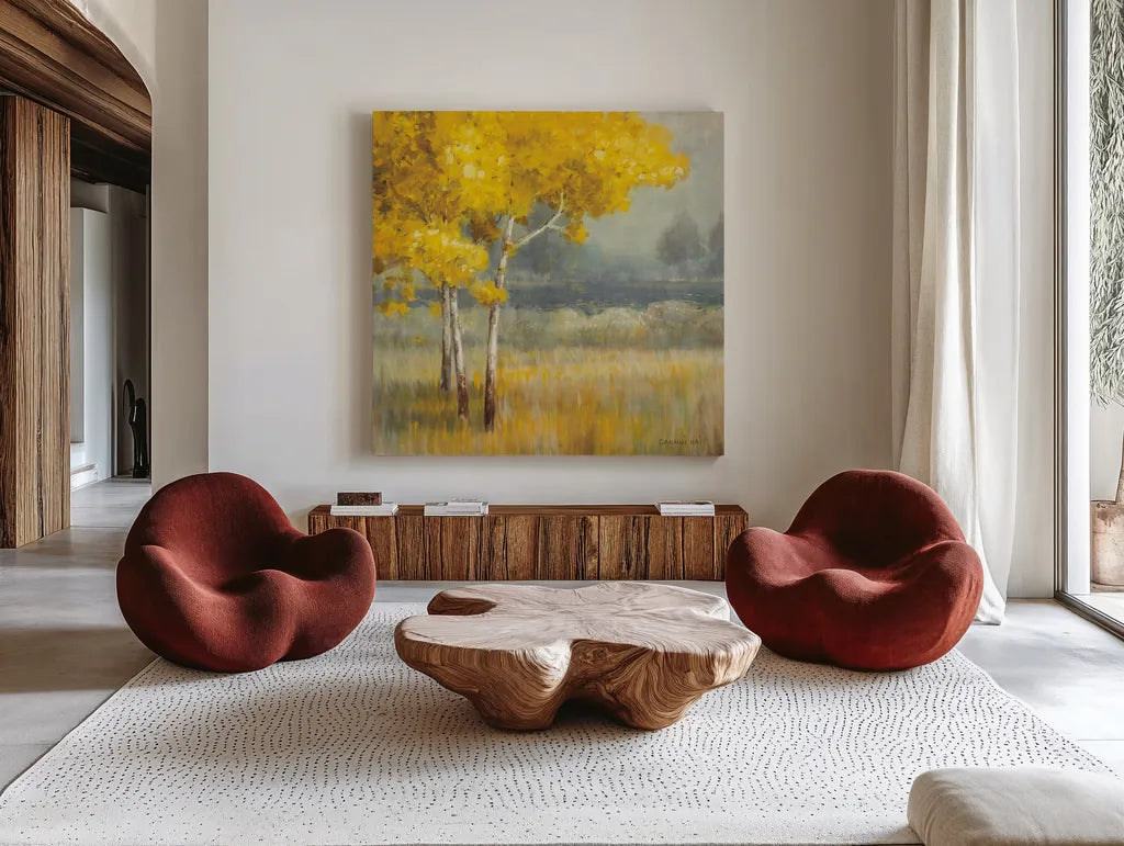 Yellow Landscape Crop by Danhui Nai. Shown as extra-large giant wall art in a modern living room. Available as an archival giclee rolled canvas, fine art paper, or poster print. SKU 14507a.