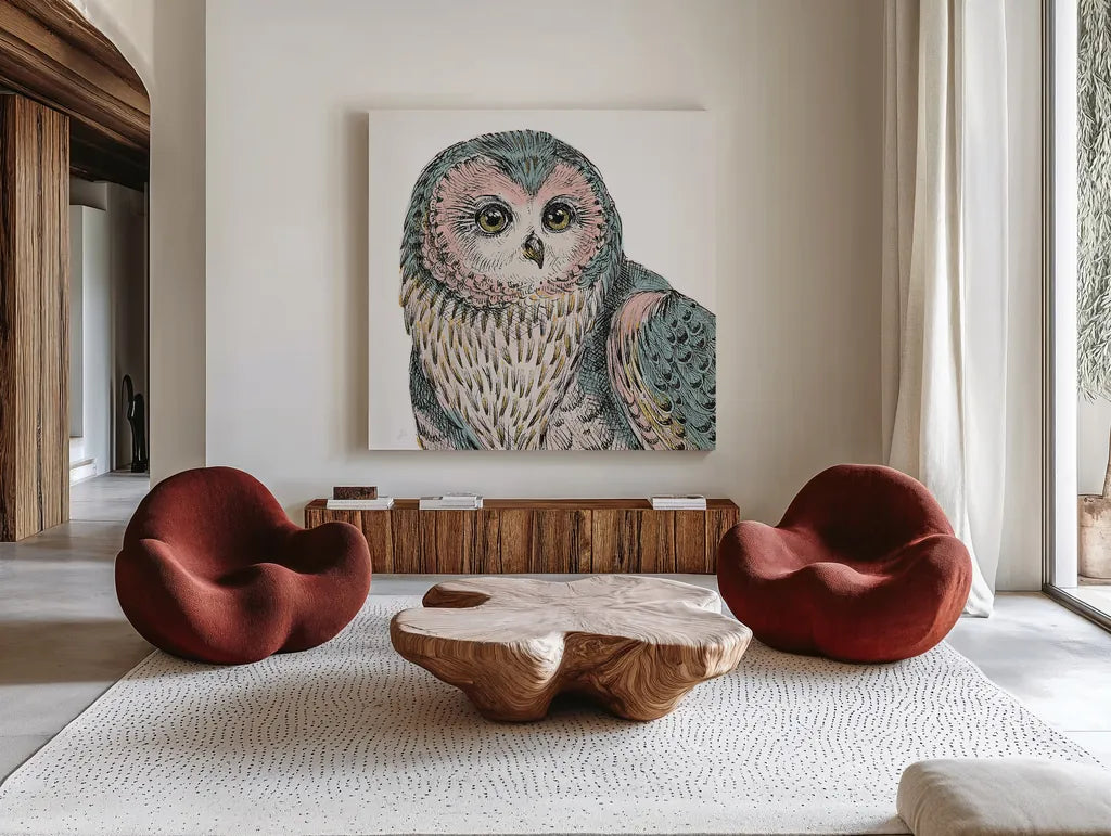 Beautiful Owls IV Pastel Crop by Daphne Brissonnet. Shown as extra-large giant wall art in a modern living room. Available as an archival giclee rolled canvas, fine art paper, or poster print. SKU 30198a.
