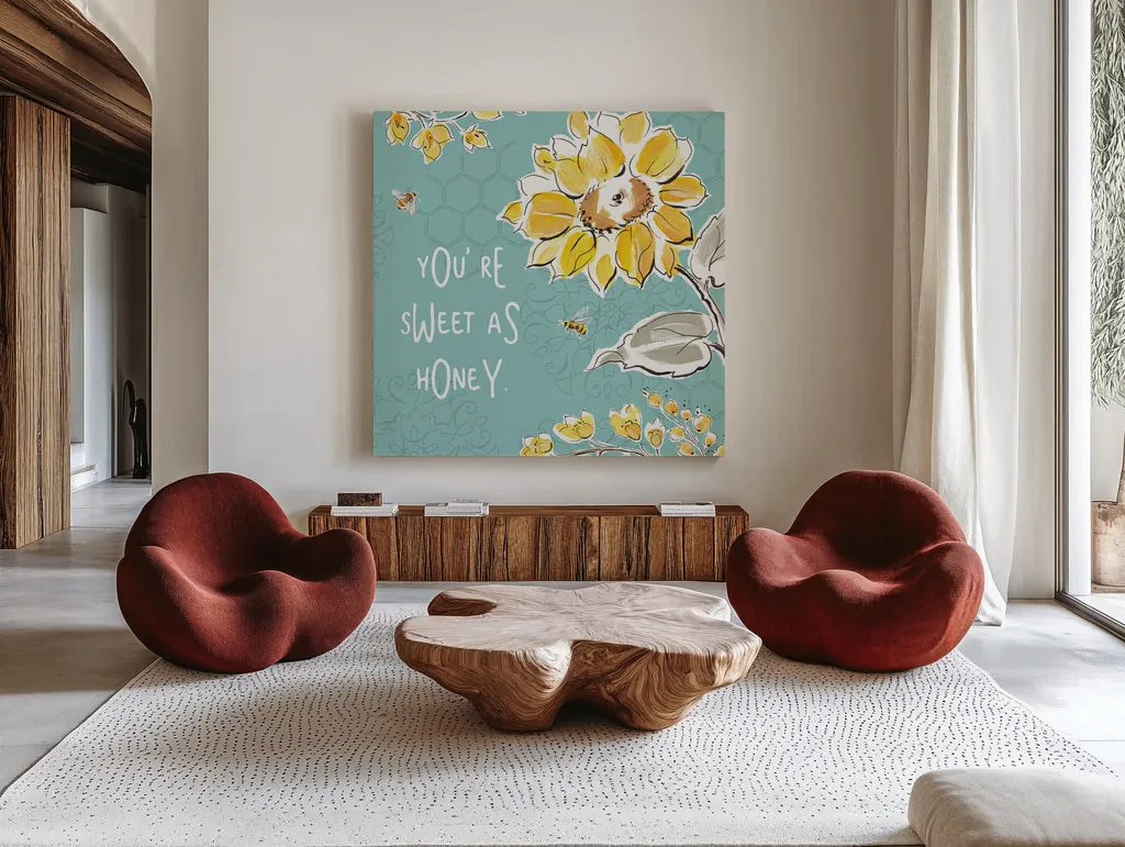 Bee Happy III by Daphne Brissonnet. Shown as extra-large giant wall art in a modern living room. Available as an archival giclee rolled canvas, fine art paper, or poster print. SKU 36775a.