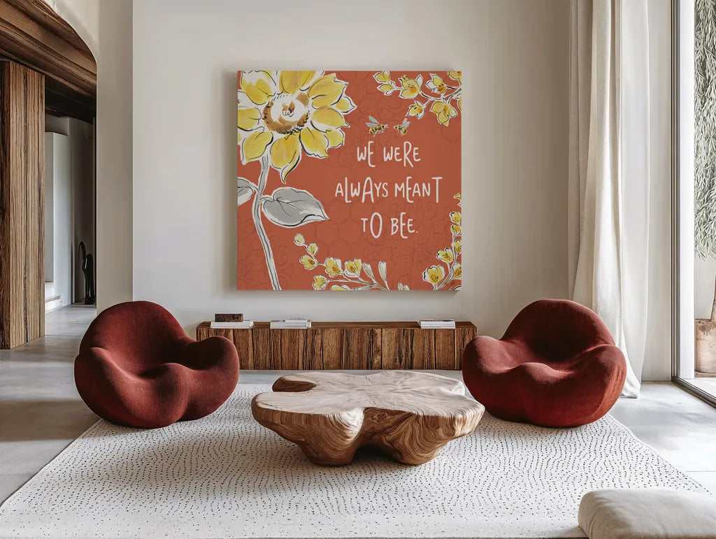 Bee Happy IV Spice by Daphne Brissonnet. Shown as extra-large giant wall art in a modern living room. Available as an archival giclee rolled canvas, fine art paper, or poster print. SKU 36781a.