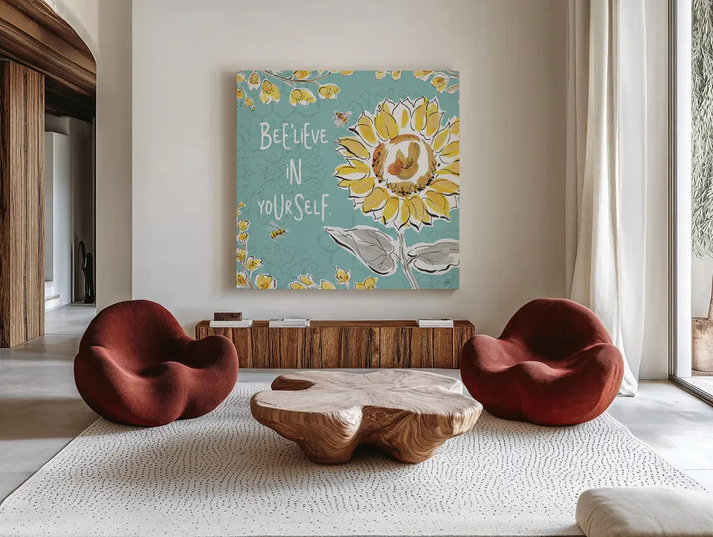 Bee Happy V by Daphne Brissonnet. Shown as extra-large giant wall art in a modern living room. Available as an archival giclee rolled canvas, fine art paper, or poster print. SKU 36777a.