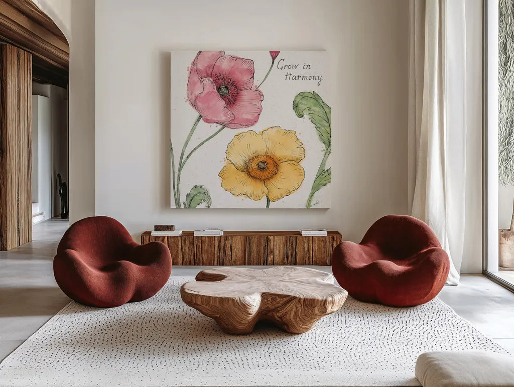 Blossom Sketches I Words Color by Daphne Brissonnet. Shown as extra-large giant wall art in a modern living room. Available as an archival giclee rolled canvas, fine art paper, or poster print. SKU 54962a.
