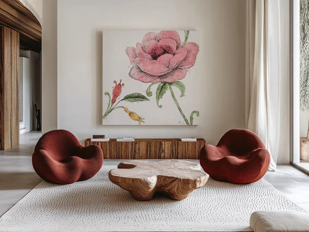 Blossom Sketches II Color by Daphne Brissonnet. Shown as extra-large giant wall art in a modern living room. Available as an archival giclee rolled canvas, fine art paper, or poster print. SKU 54830a.