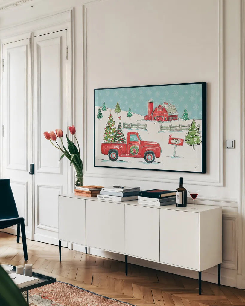 Christmas in the Country I by Daphne Brissonnet. shown as a framed stretched canvas in a living room above a console. Available as a archival giclee rolled canvas, fine art paper, or poster print. SKU 35809i.