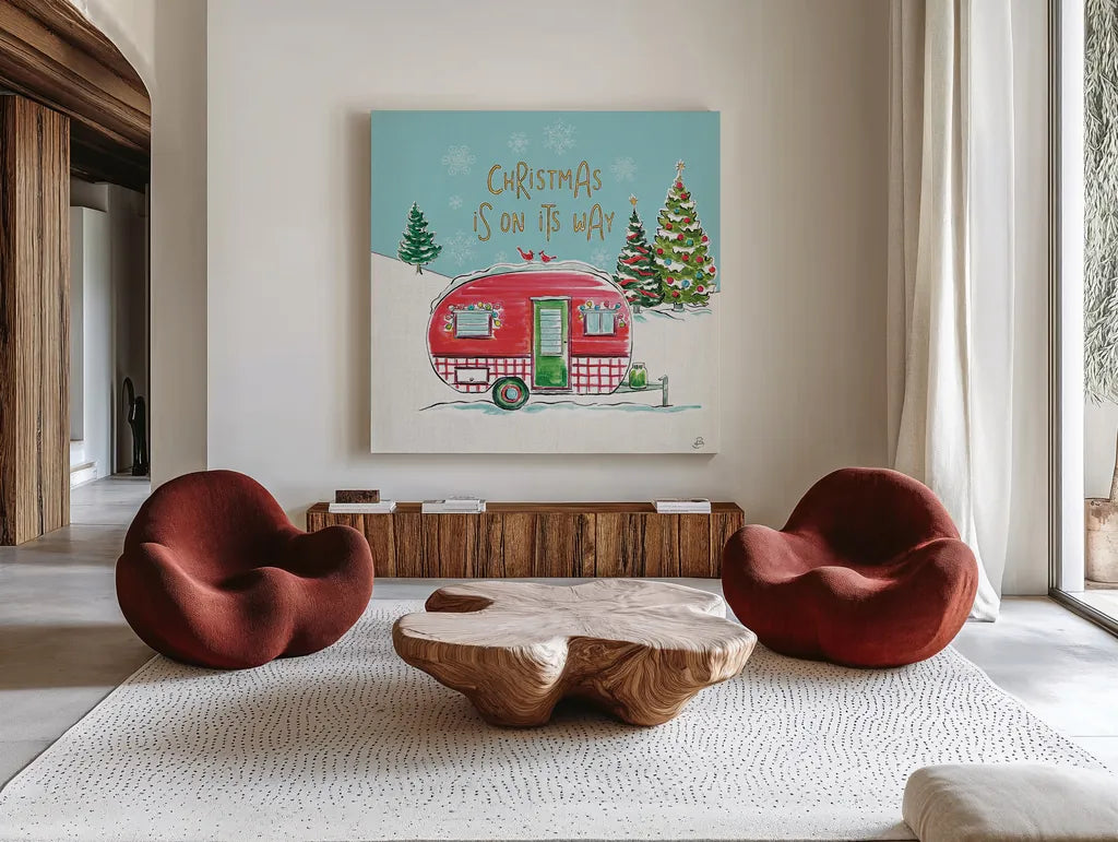 Christmas in the Country V On Its Way by Daphne Brissonnet. Shown as extra-large giant wall art in a modern living room. Available as an archival giclee rolled canvas, fine art paper, or poster print. SKU 37384a.