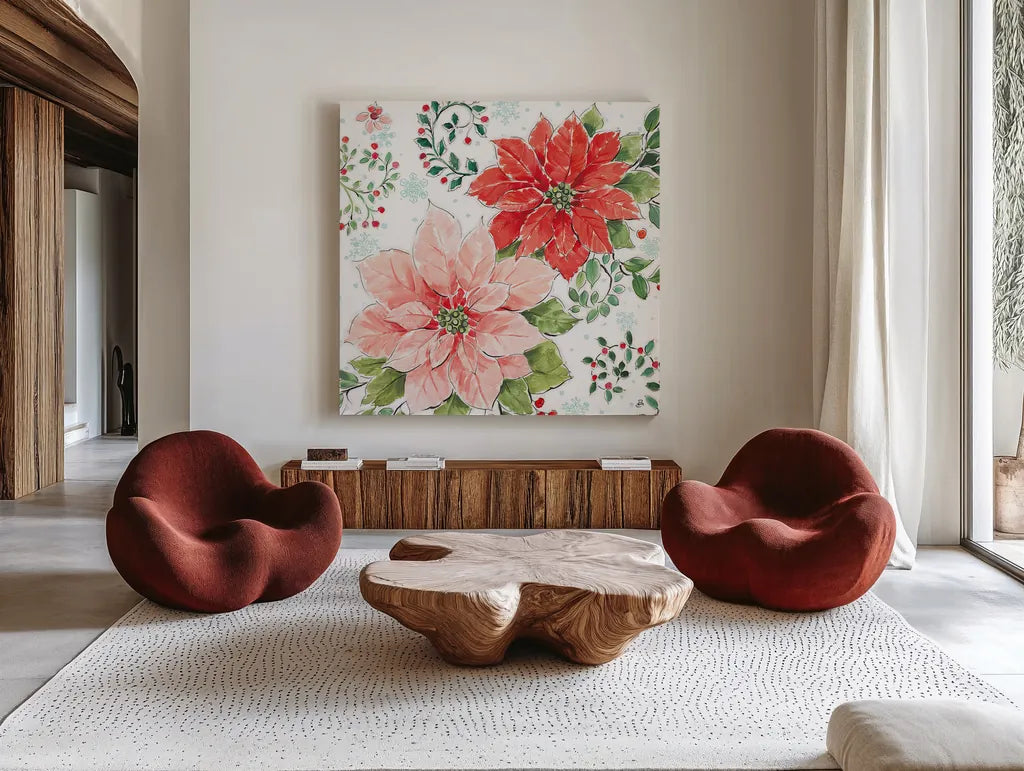 Country Poinsettias II by Daphne Brissonnet. Shown as extra-large giant wall art in a modern living room. Available as an archival giclee rolled canvas, fine art paper, or poster print. SKU 46264a.