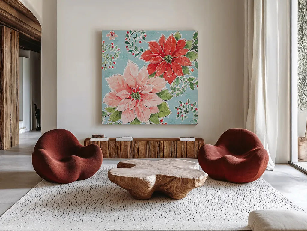 Country Poinsettias II Blue by Daphne Brissonnet. Shown as extra-large giant wall art in a modern living room. Available as an archival giclee rolled canvas, fine art paper, or poster print. SKU 46270a.