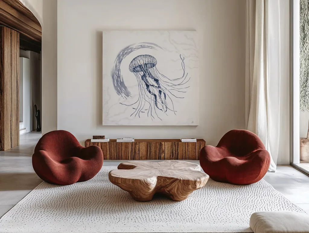 Delicate Sea IV Indigo by Daphne Brissonnet. Shown as extra-large giant wall art in a modern living room. Available as an archival giclee rolled canvas, fine art paper, or poster print. SKU 79310a.