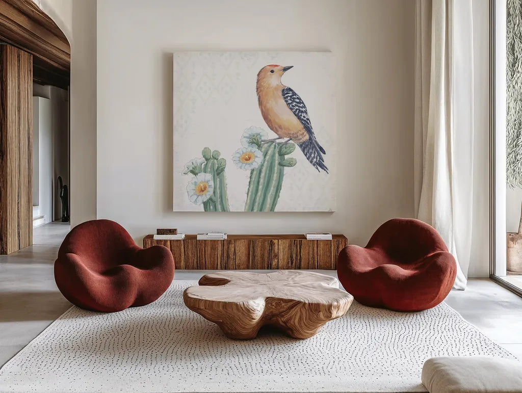 Desert Beauties X by Daphne Brissonnet. Shown as extra-large giant wall art in a modern living room. Available as an archival giclee rolled canvas, fine art paper, or poster print. SKU 65734a.