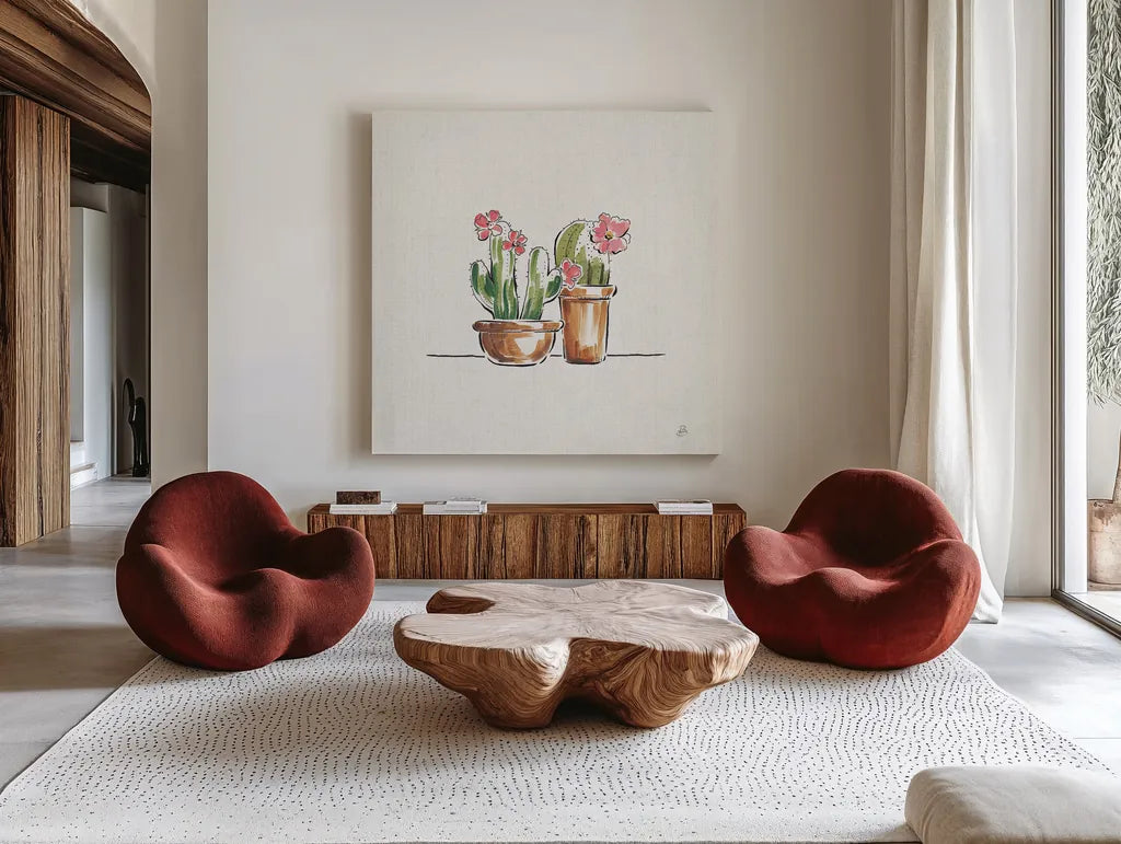 Desert Bloom VI by Daphne Brissonnet. Shown as extra-large giant wall art in a modern living room. Available as an archival giclee rolled canvas, fine art paper, or poster print. SKU 35022a.