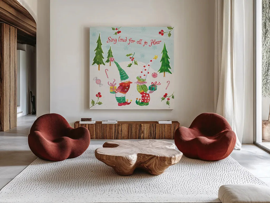 Elf Factory VI by Daphne Brissonnet. Shown as extra-large giant wall art in a modern living room. Available as an archival giclee rolled canvas, fine art paper, or poster print. SKU 58523a.