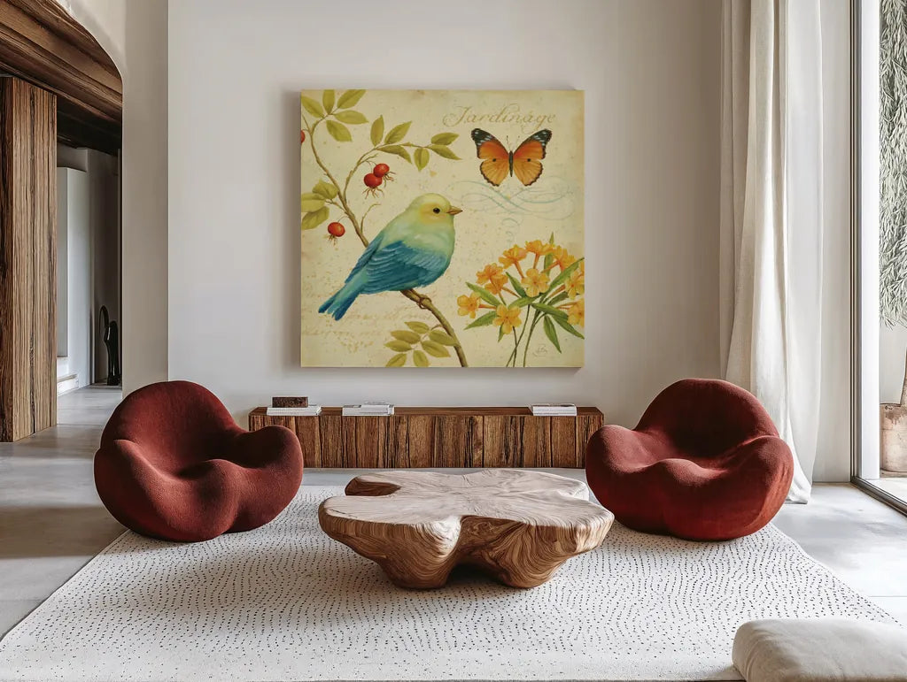 Garden Passion I by Daphne Brissonnet. Shown as extra-large giant wall art in a modern living room. Available as an archival giclee rolled canvas, fine art paper, or poster print. SKU 4922a.