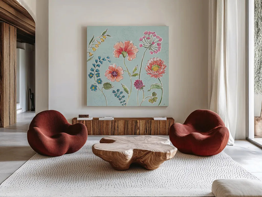 Gypsy Meadow II Blue by Daphne Brissonnet. Shown as extra-large giant wall art in a modern living room. Available as an archival giclee rolled canvas, fine art paper, or poster print. SKU 57769a.