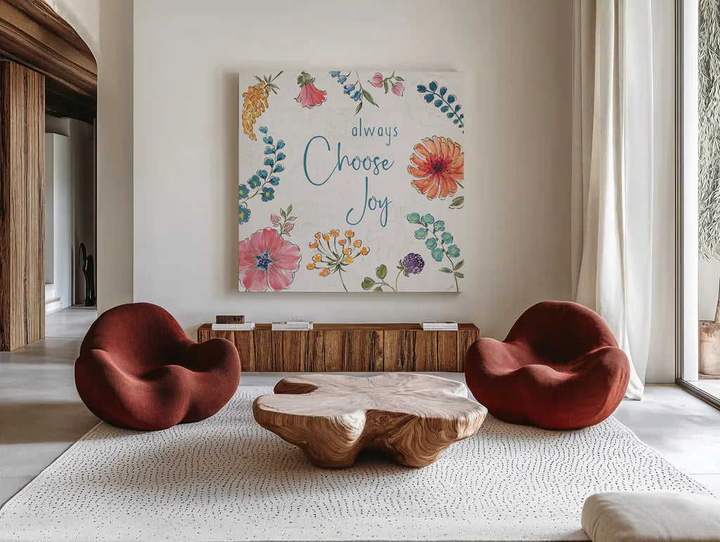 Gypsy Meadow V by Daphne Brissonnet. Shown as extra-large giant wall art in a modern living room. Available as an archival giclee rolled canvas, fine art paper, or poster print. SKU 57761a.