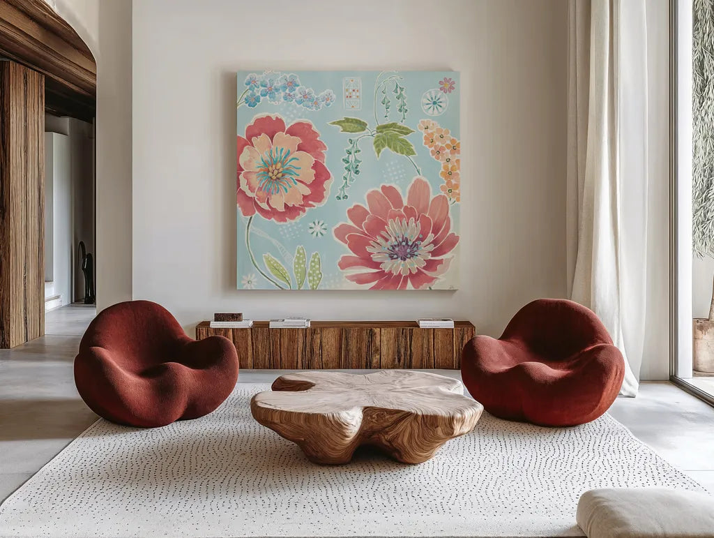 Happy Meadow III by Daphne Brissonnet. Shown as extra-large giant wall art in a modern living room. Available as an archival giclee rolled canvas, fine art paper, or poster print. SKU 74034a.