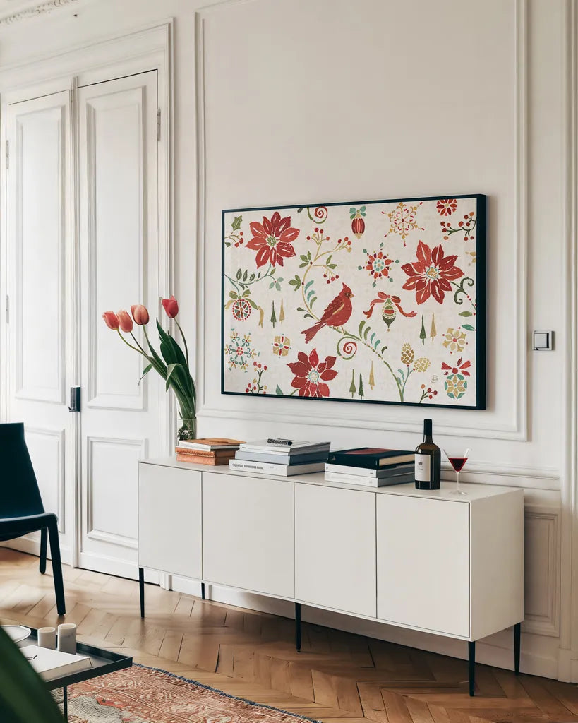 Holiday Impressions I by Daphne Brissonnet. shown as a framed stretched canvas in a living room above a console. Available as a archival giclee rolled canvas, fine art paper, or poster print. SKU 31961i.