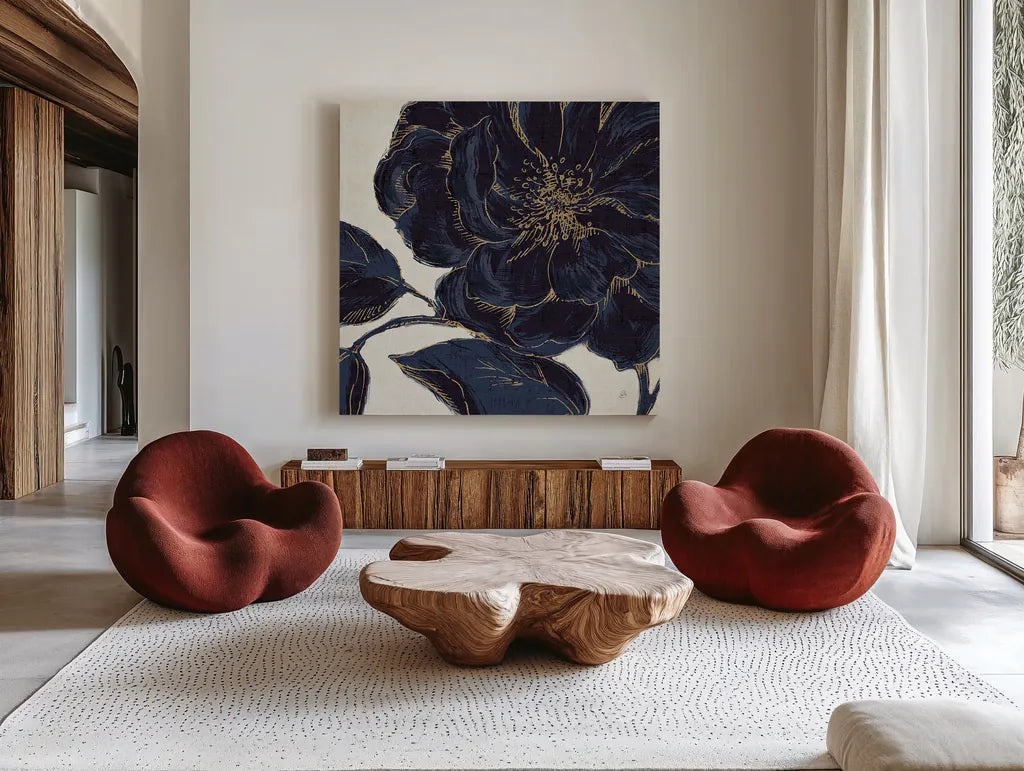 Indigo Garden II by Daphne Brissonnet. Shown as extra-large giant wall art in a modern living room. Available as an archival giclee rolled canvas, fine art paper, or poster print. SKU 17328a.
