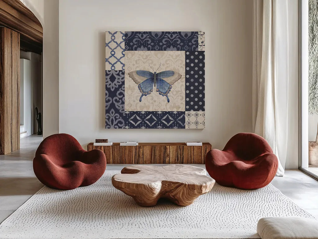 Indigo Nature I by Daphne Brissonnet. Shown as extra-large giant wall art in a modern living room. Available as an archival giclee rolled canvas, fine art paper, or poster print. SKU 11860a.