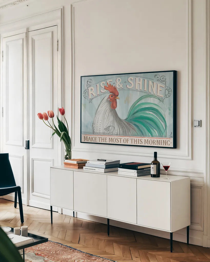 Morning Moment I by Daphne Brissonnet. shown as a framed stretched canvas in a living room above a console. Available as a archival giclee rolled canvas, fine art paper, or poster print. SKU 67564i.