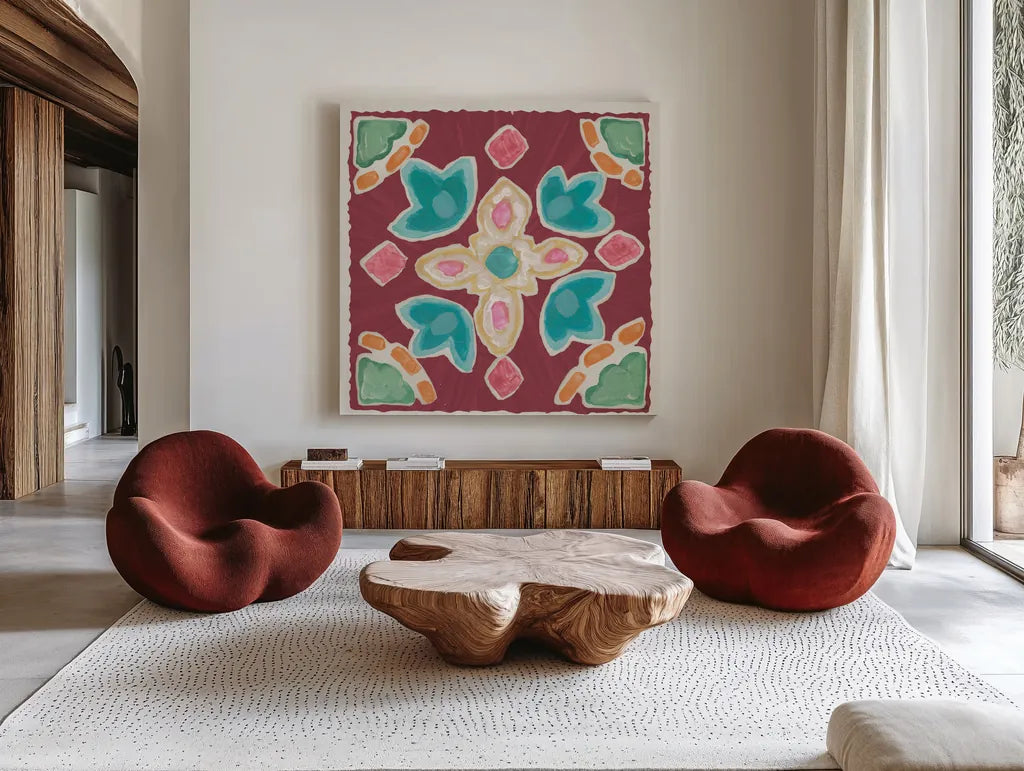 My Bohemian Life IX by Daphne Brissonnet. Shown as extra-large giant wall art in a modern living room. Available as an archival giclee rolled canvas, fine art paper, or poster print. SKU 60739a.