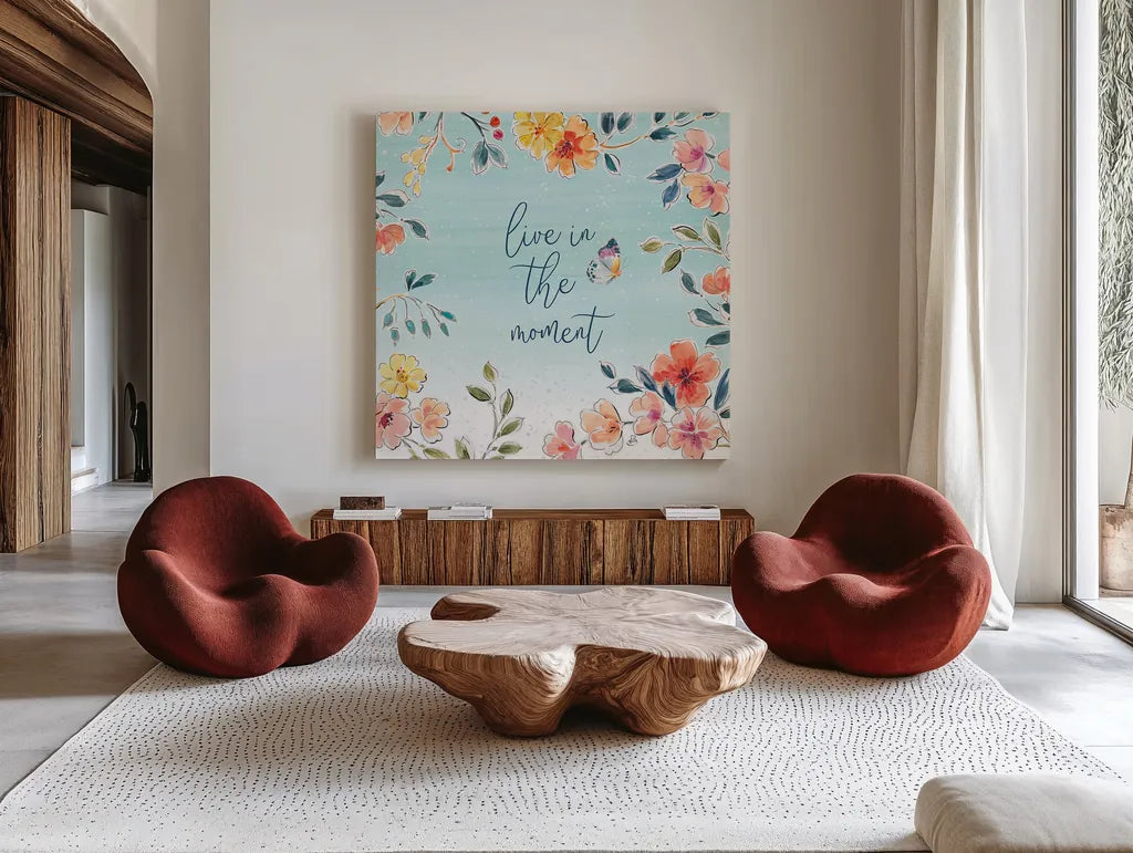 Natures Bliss IV by Daphne Brissonnet. Shown as extra-large giant wall art in a modern living room. Available as an archival giclee rolled canvas, fine art paper, or poster print. SKU 48138a.