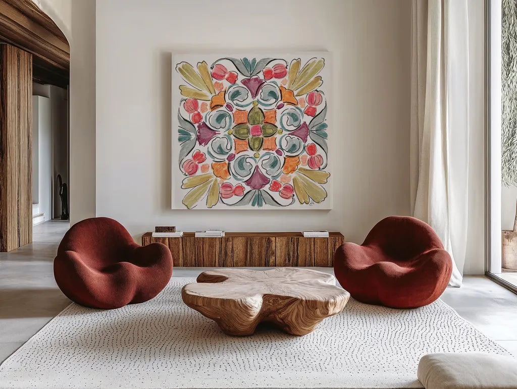 Natures Bliss IX by Daphne Brissonnet. Shown as extra-large giant wall art in a modern living room. Available as an archival giclee rolled canvas, fine art paper, or poster print. SKU 48143a.