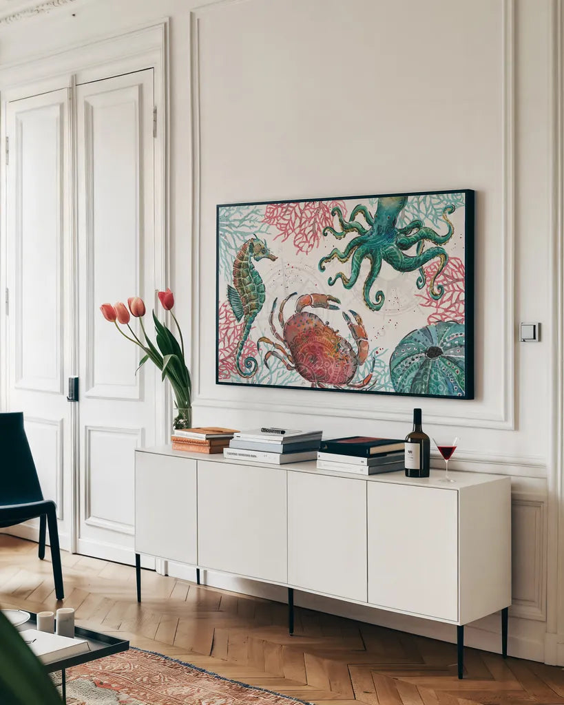 Ocean Finds I by Daphne Brissonnet. shown as a framed stretched canvas in a living room above a console. Available as a archival giclee rolled canvas, fine art paper, or poster print. SKU 64725i.
