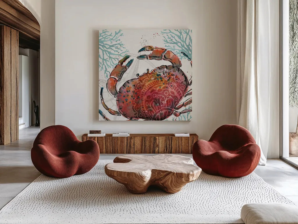Ocean Finds VIII by Daphne Brissonnet. Shown as extra-large giant wall art in a modern living room. Available as an archival giclee rolled canvas, fine art paper, or poster print. SKU 64732a.