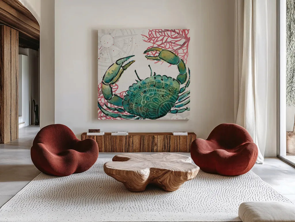 Ocean Finds XI by Daphne Brissonnet. Shown as extra-large giant wall art in a modern living room. Available as an archival giclee rolled canvas, fine art paper, or poster print. SKU 64735a.