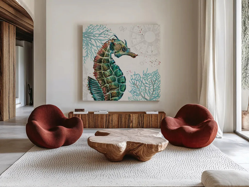 Ocean Finds XII by Daphne Brissonnet. Shown as extra-large giant wall art in a modern living room. Available as an archival giclee rolled canvas, fine art paper, or poster print. SKU 64736a.