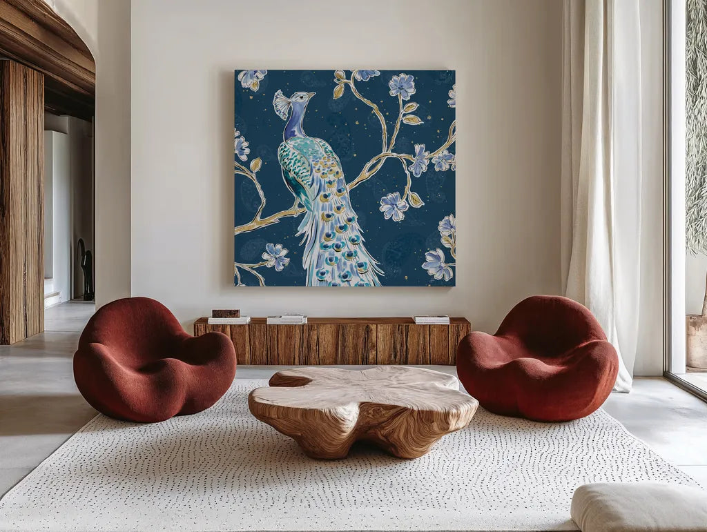 Peacock Allegory III Blue v2 by Daphne Brissonnet. Shown as extra-large giant wall art in a modern living room. Available as an archival giclee rolled canvas, fine art paper, or poster print. SKU 56864a.