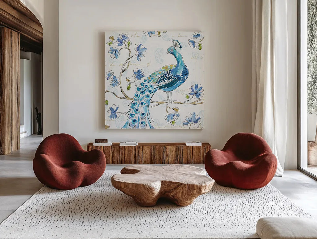 Peacock Allegory IV White by Daphne Brissonnet. Shown as extra-large giant wall art in a modern living room. Available as an archival giclee rolled canvas, fine art paper, or poster print. SKU 37511a.
