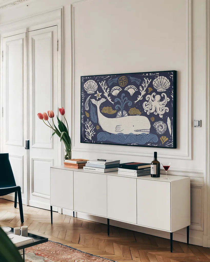 Primitive Sea I Dark by Daphne Brissonnet. shown as a framed stretched canvas in a living room above a console. Available as a archival giclee rolled canvas, fine art paper, or poster print. SKU 63862i.